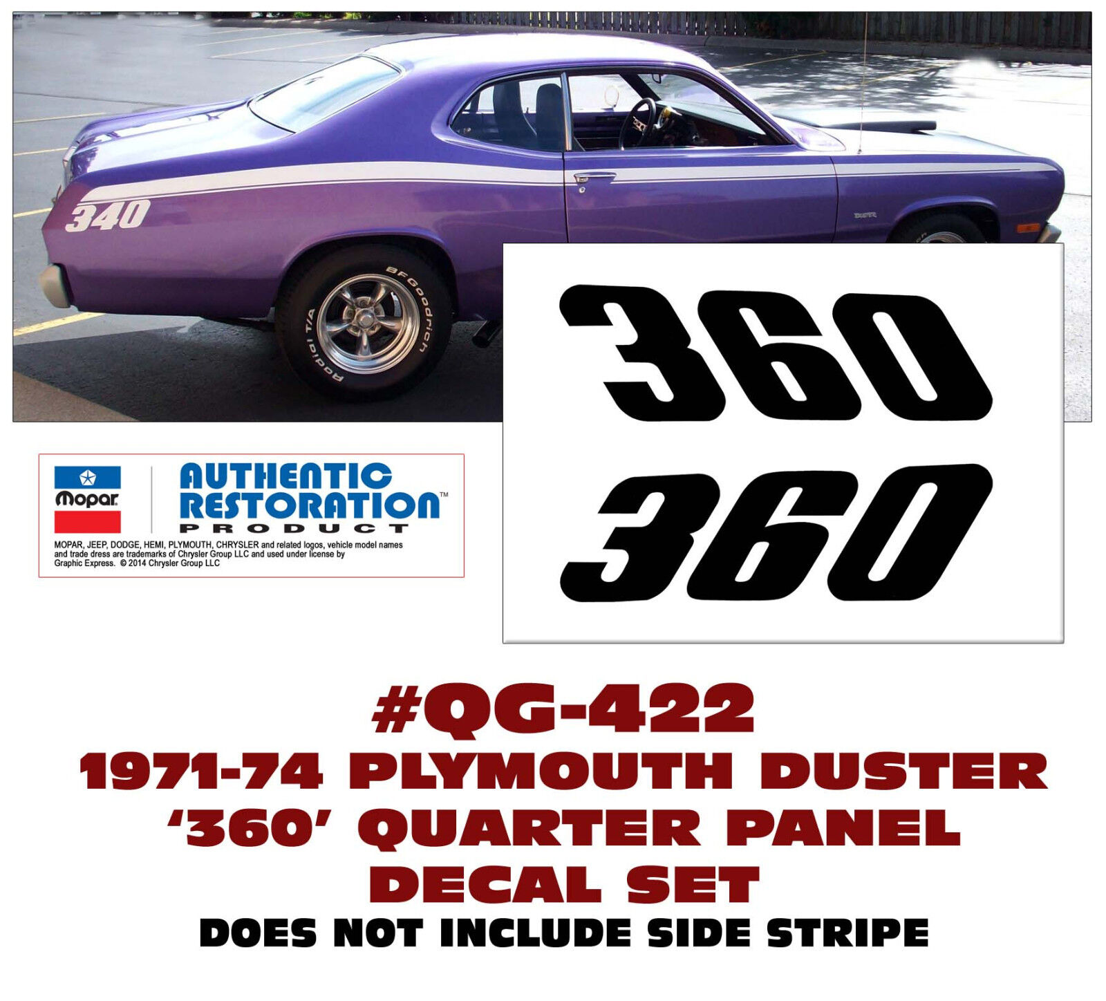 QG-422 1971-74 PLYMOUTH DUSTER - 360 - QUARTER PANEL DECAL SET