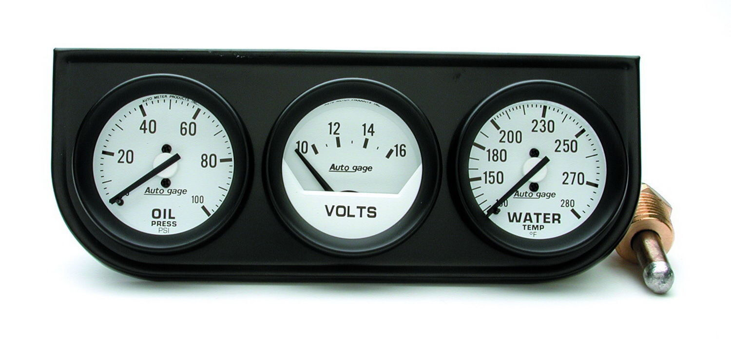 Auto Meter Autogage Oil /Volt /Water Trio WHITE Gauge with BLACK Console 2-1/16\