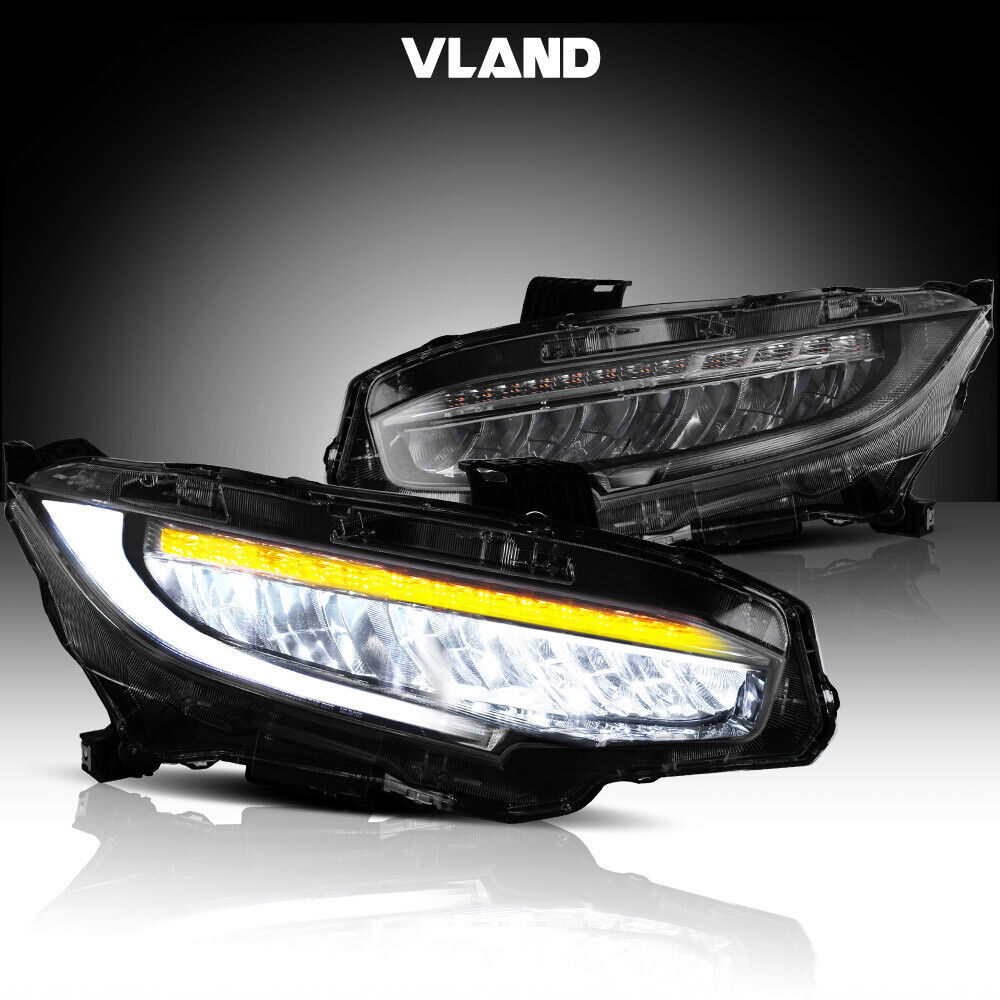 LED Headlights For 2016-2021 Honda Civic Blue DRL Sequential Indicator VLAND Set
