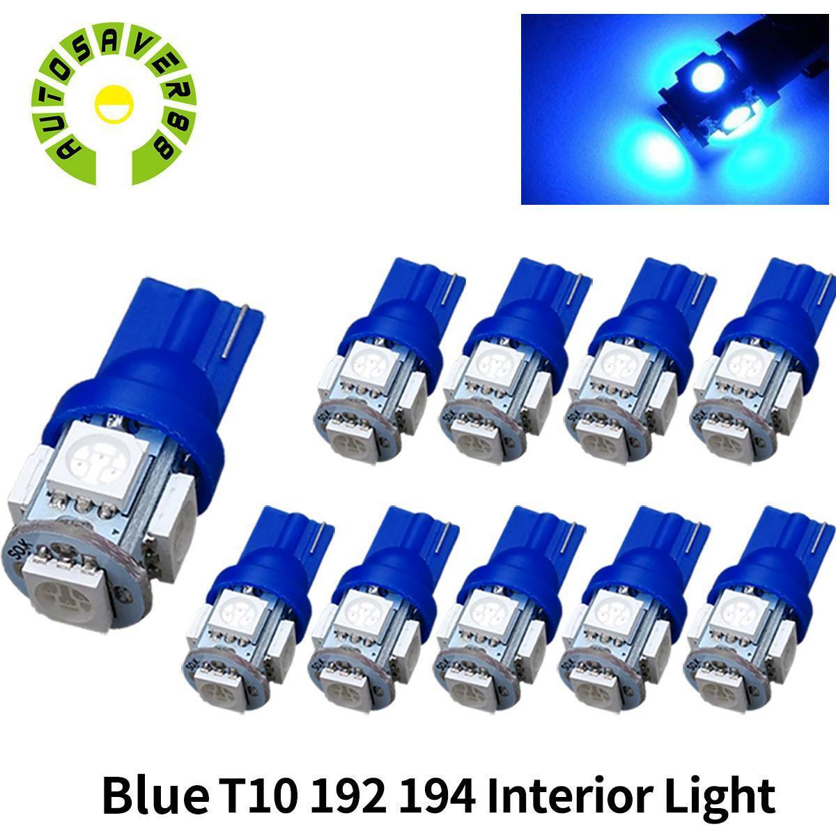 10X T10 192 Wedge Blue LED 5050 5SMD Car Dome Map Light Bulb W5W 194 168 2825