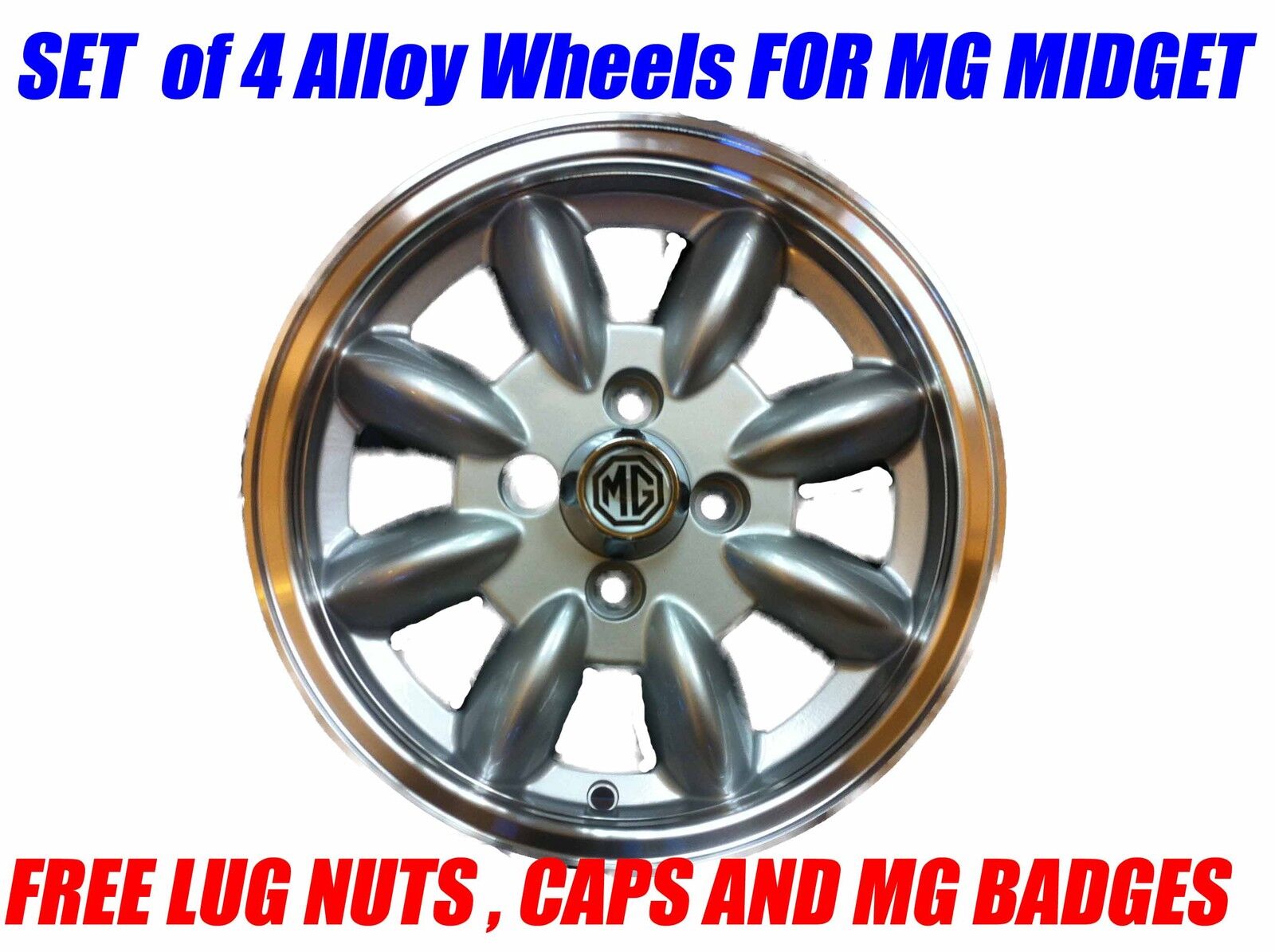 MG Midget / Sprite Minilight Alloy wheels Set of 4 , Free lug nuts and MG Logos 