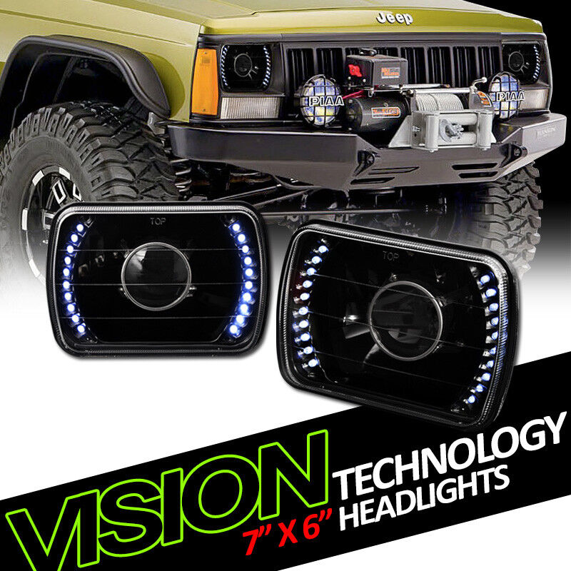 7X6 Black Clear Glass Lens White Led Projector Headlights Kit H4 H6052 H6054 V07
