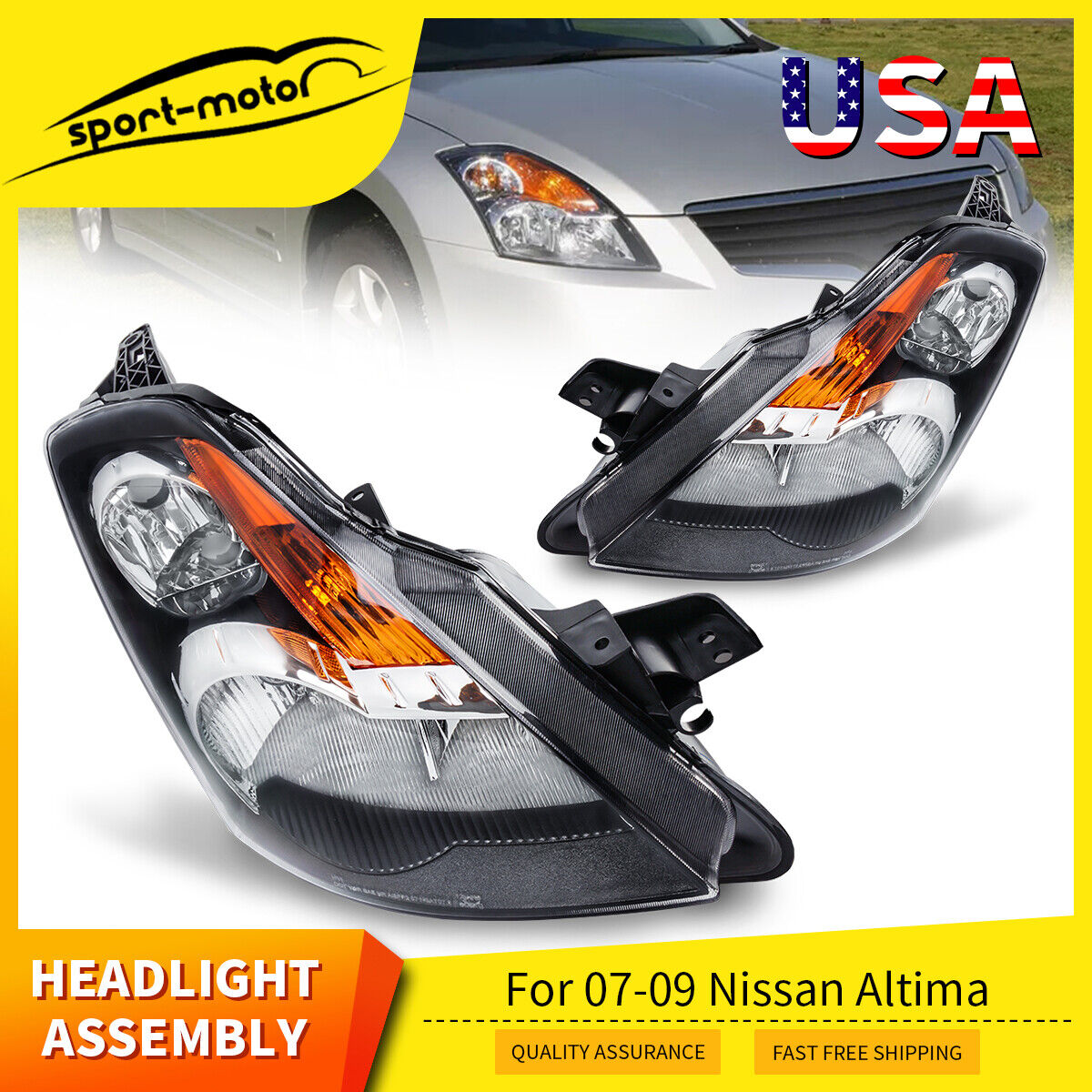 Factory Style Replacement Headlights For 2007 2008 2009 Nissan Altima Black Set