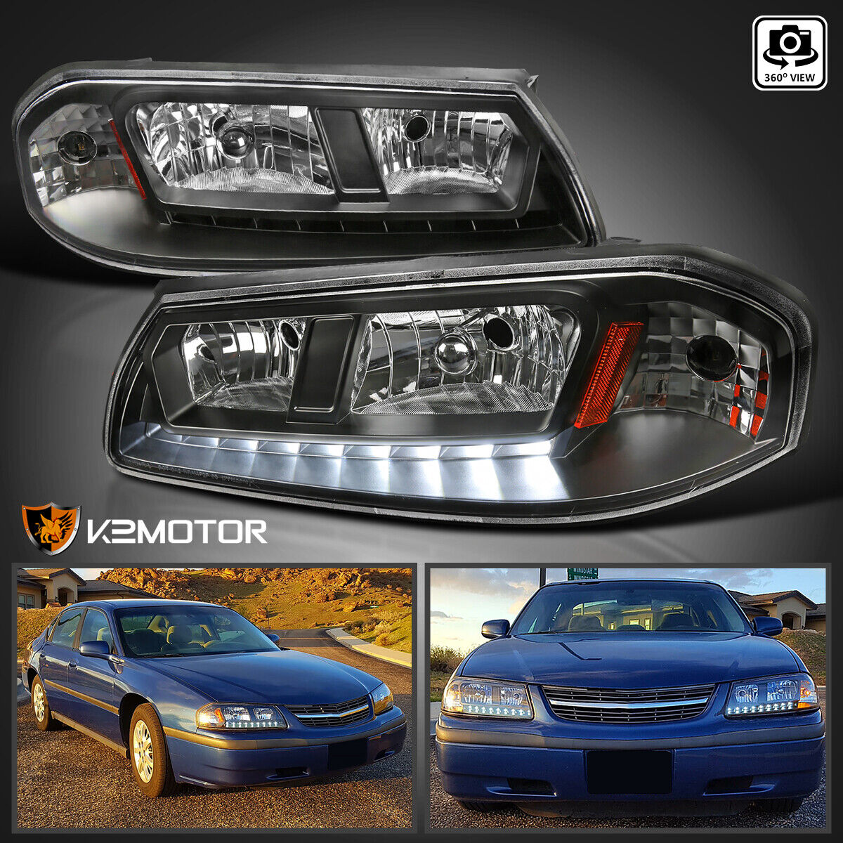 Black Fits 2000-2005 Chevy Impala LED Strip Headlights Lamps Left+Right 00-05
