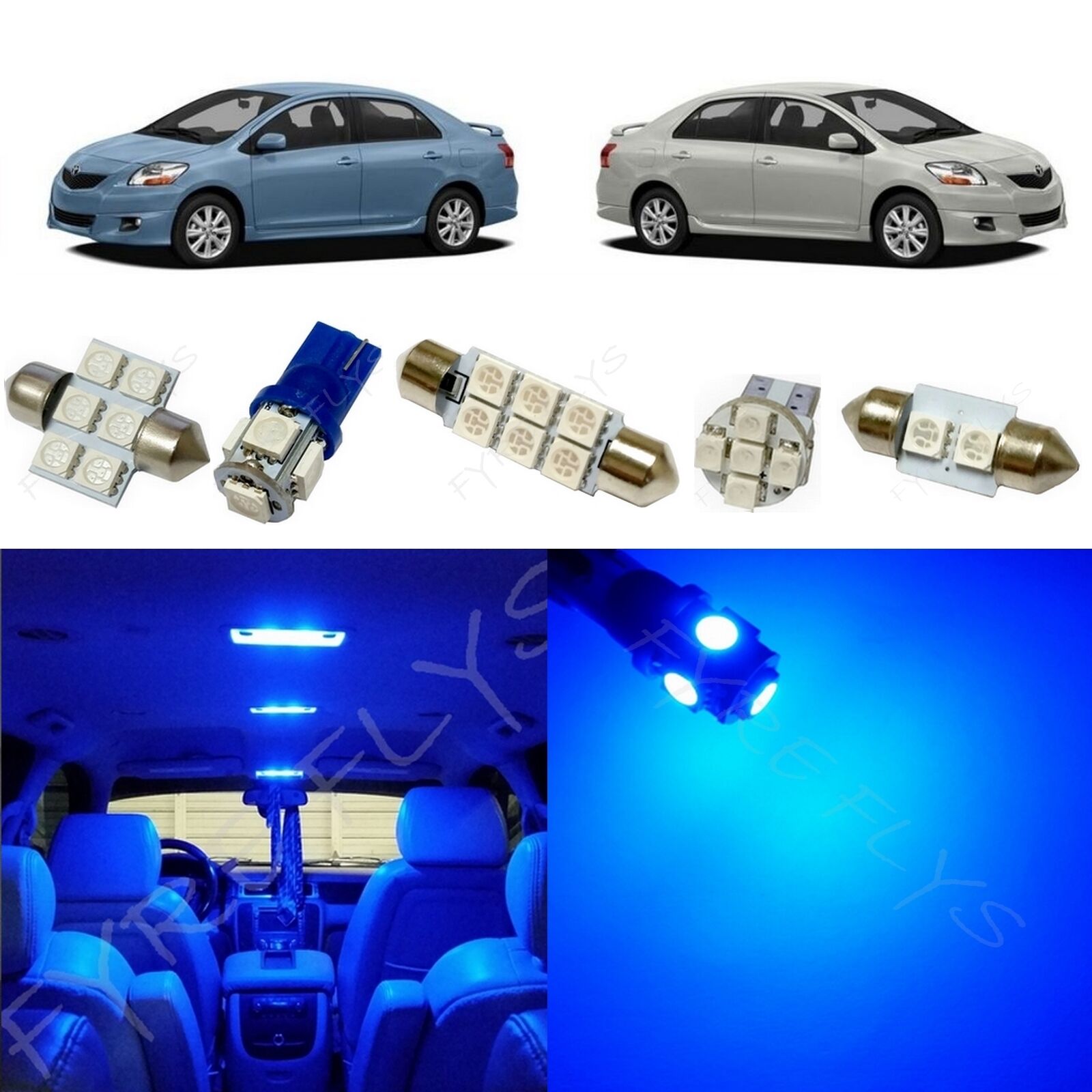 6x Blue LED lights interior package kit for 2007-2012 Toyota Yaris Sedan TY1B