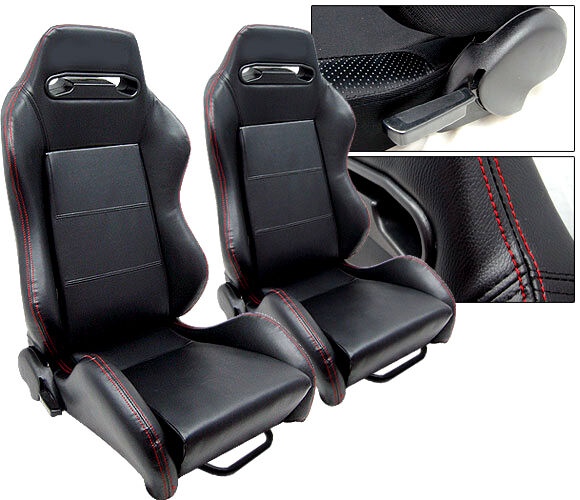 2 X BLACK PVC LEATHER & RED STITCH RACING SEATS RECLINABLE FOR TOYOTA NEW *