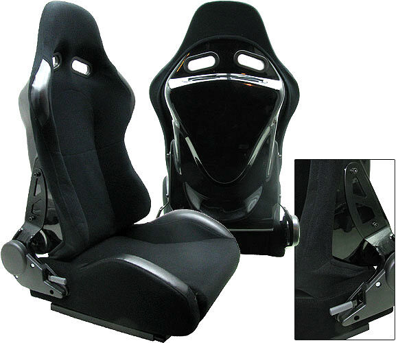 2 BLACK + BLACK BACK COVER RACING SEATS RECLINABLE W/ SLIDER ALL BMW *