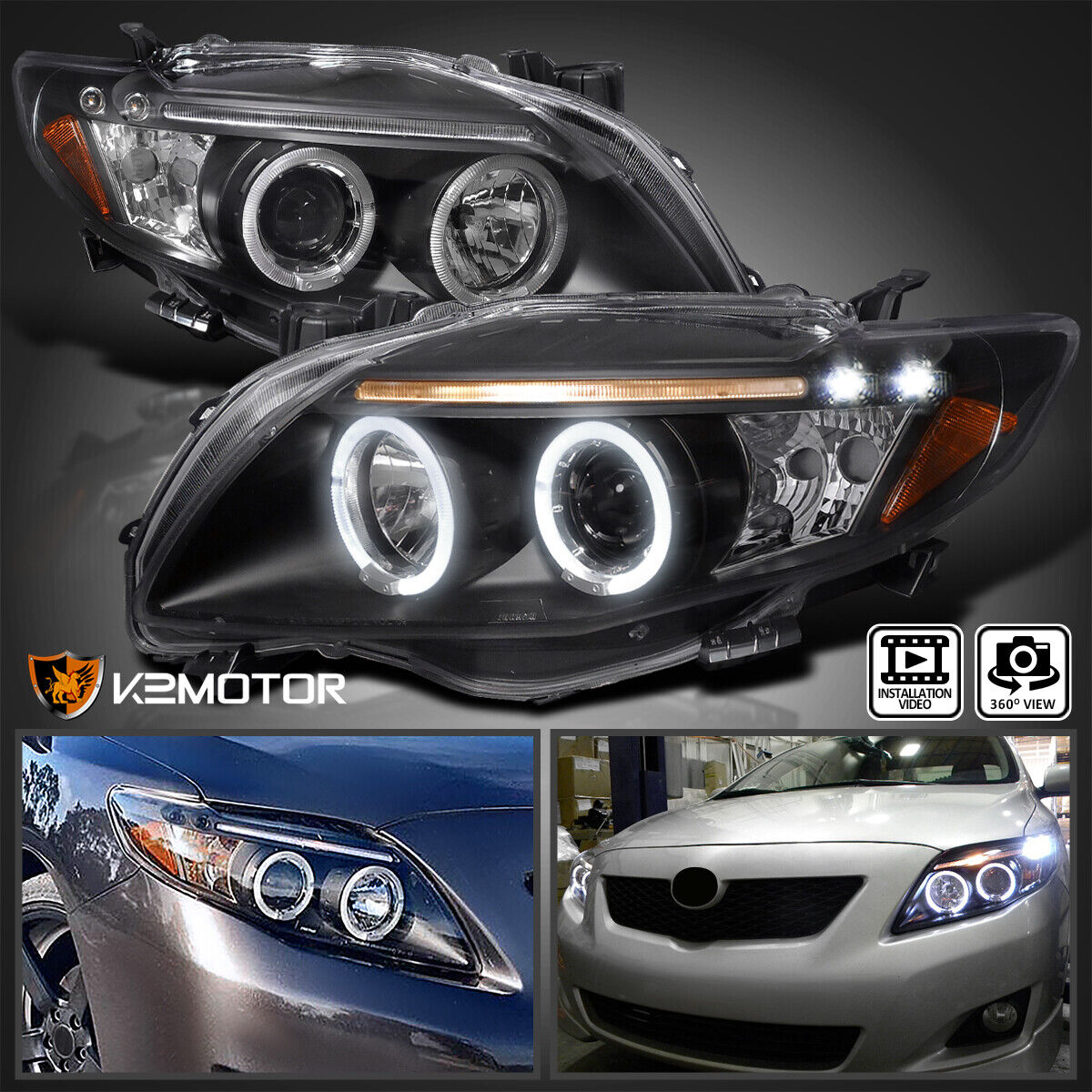 For 2009-2010 Toyota Corolla Black LED Halo Projector Headlights Lamps L+R 09-10