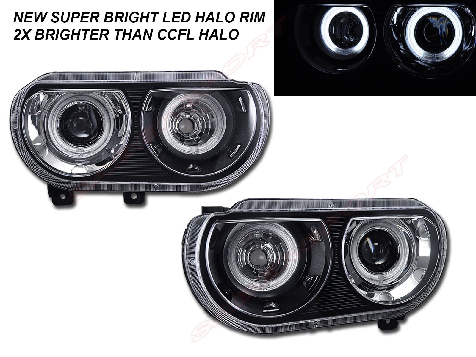 Pair Black Halo Projector Headlights (Halogen Version) for 2008-2014 Challenger