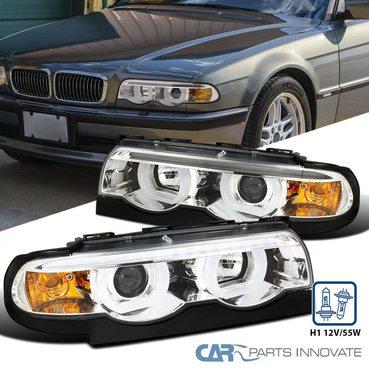 Fits 1995-2001 BMW E38 7-Series 740i 740iL 750iL Iced Halo Projector Headlights