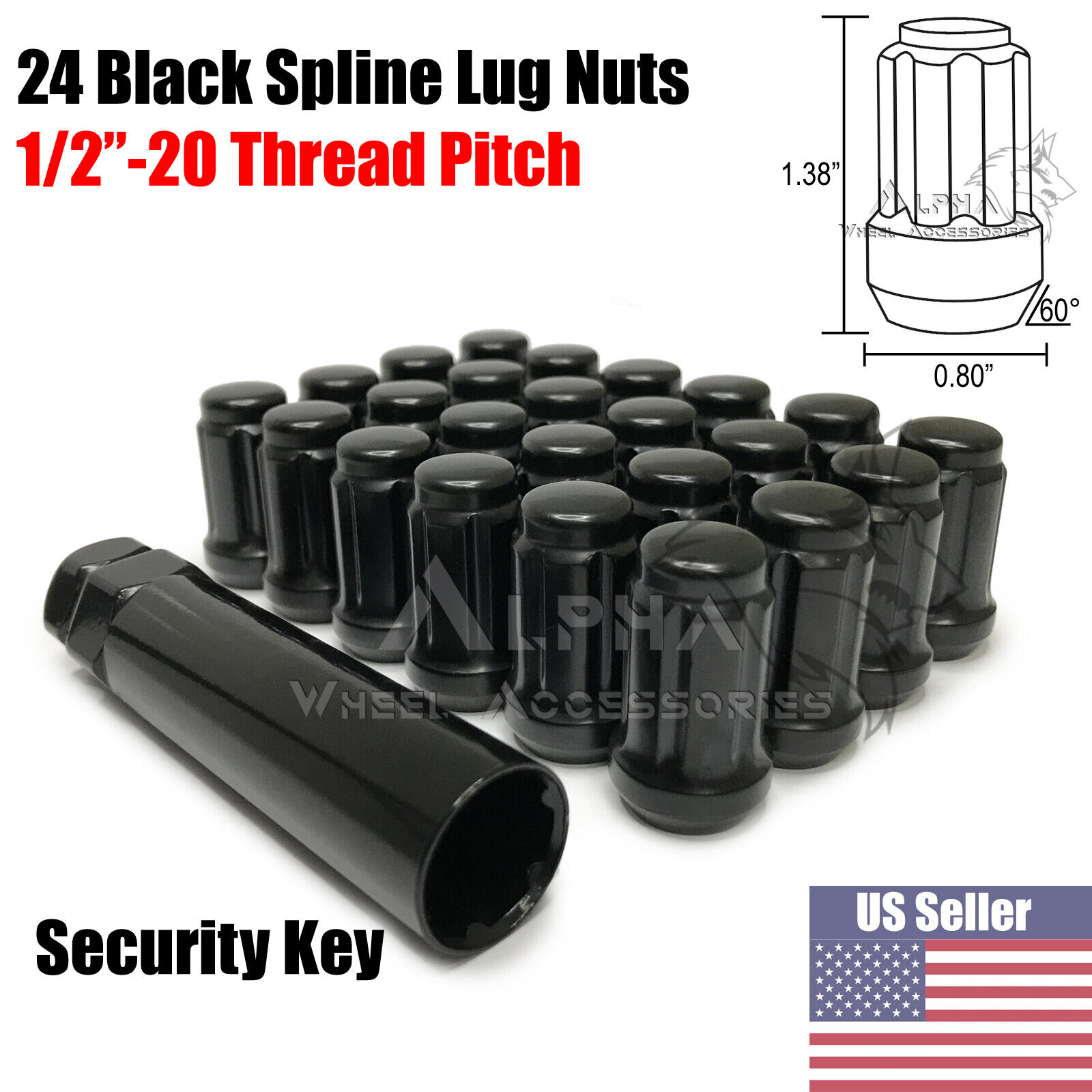 24 Black Spline Lug Nuts 1/2