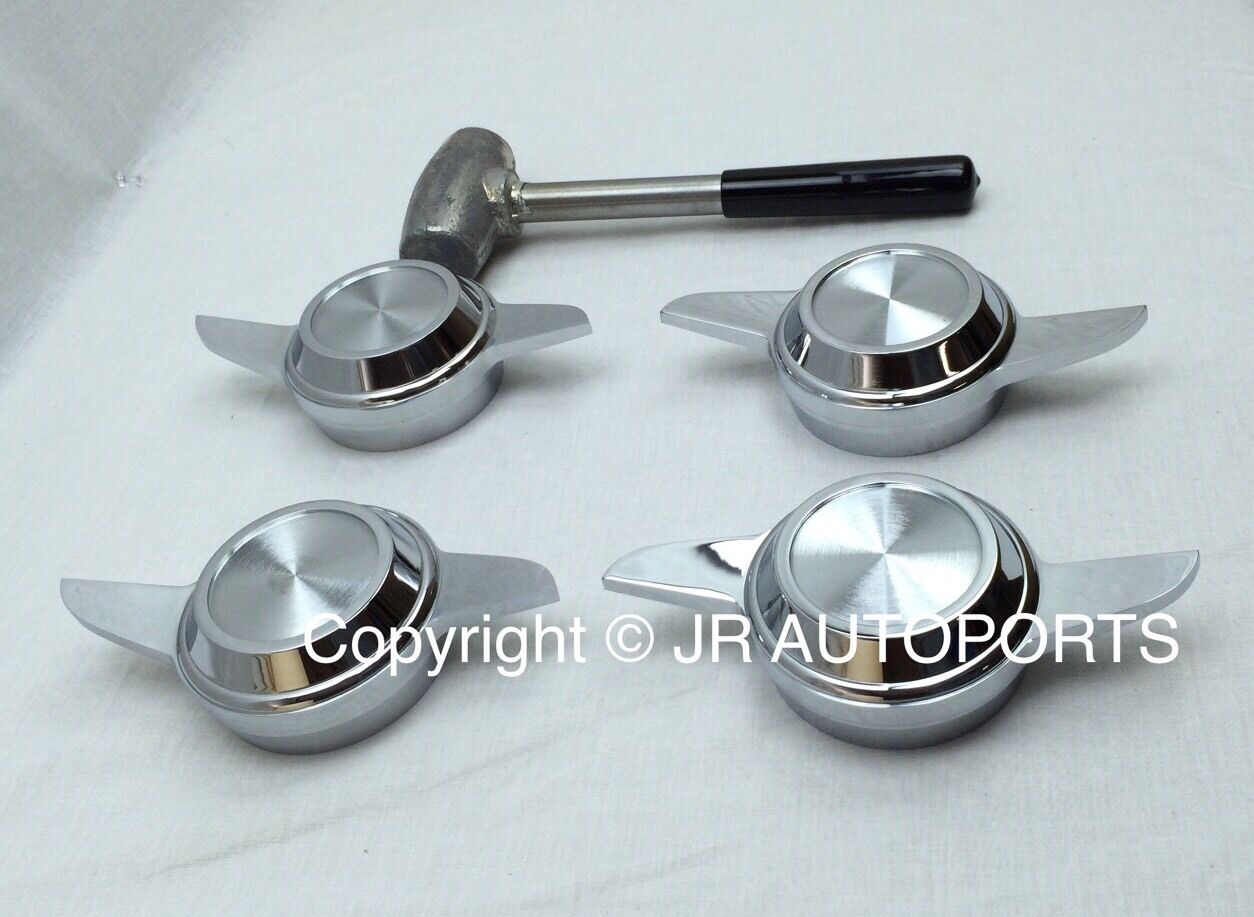 Set 4,  2 Bar Prong swept cutout chrome knockoff caps with hammer, wire wheels
