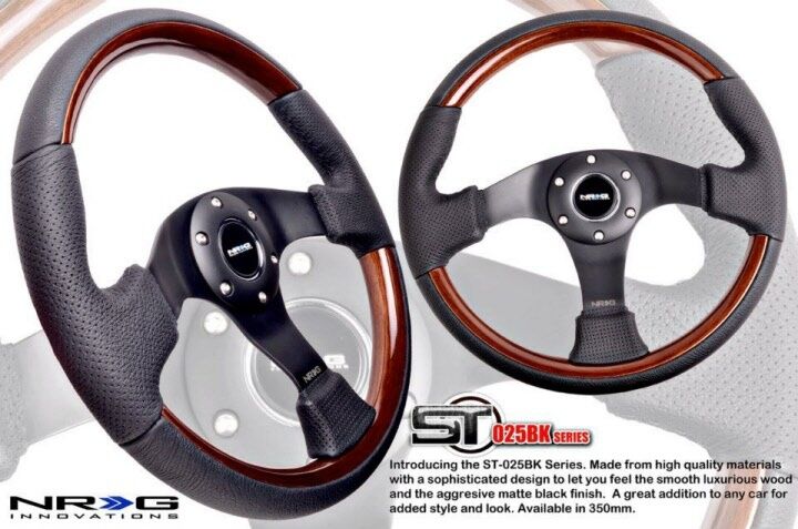 NRG Black Leather Steering Wheel & Wood Grain Accents w/ Black 3-Spokes 350mm
