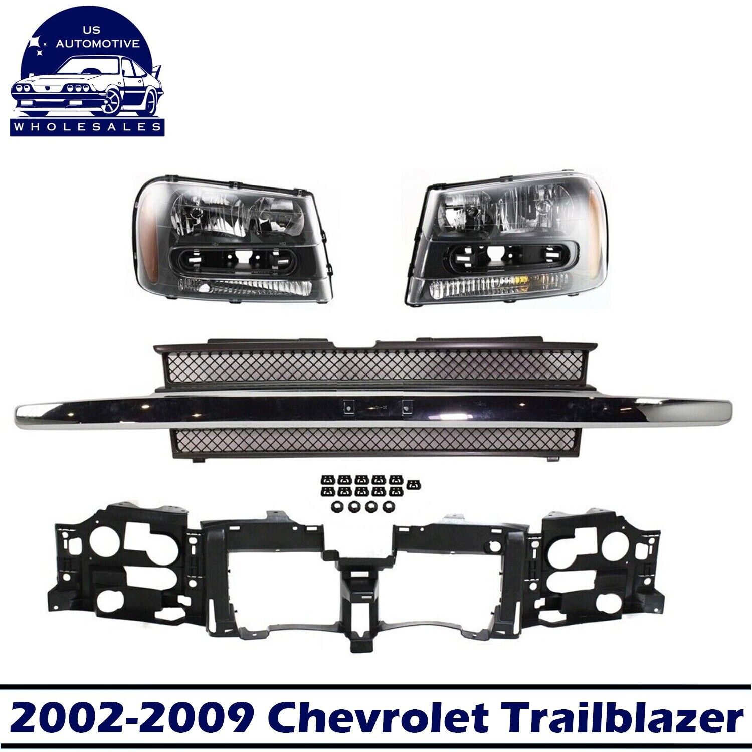 Header Panel Grille Assembly Headlight Kit For 2002-2009 Chevrolet Trailblazer