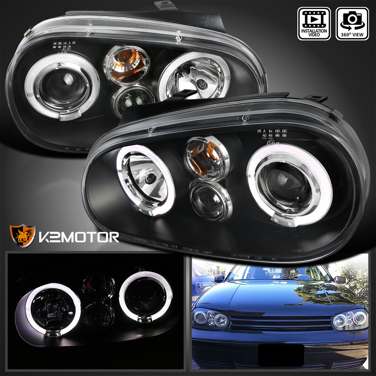 Black Fits 1999-2005 Volkswagen Golf GTI R32 MK4 LED Halo Projector Headlights