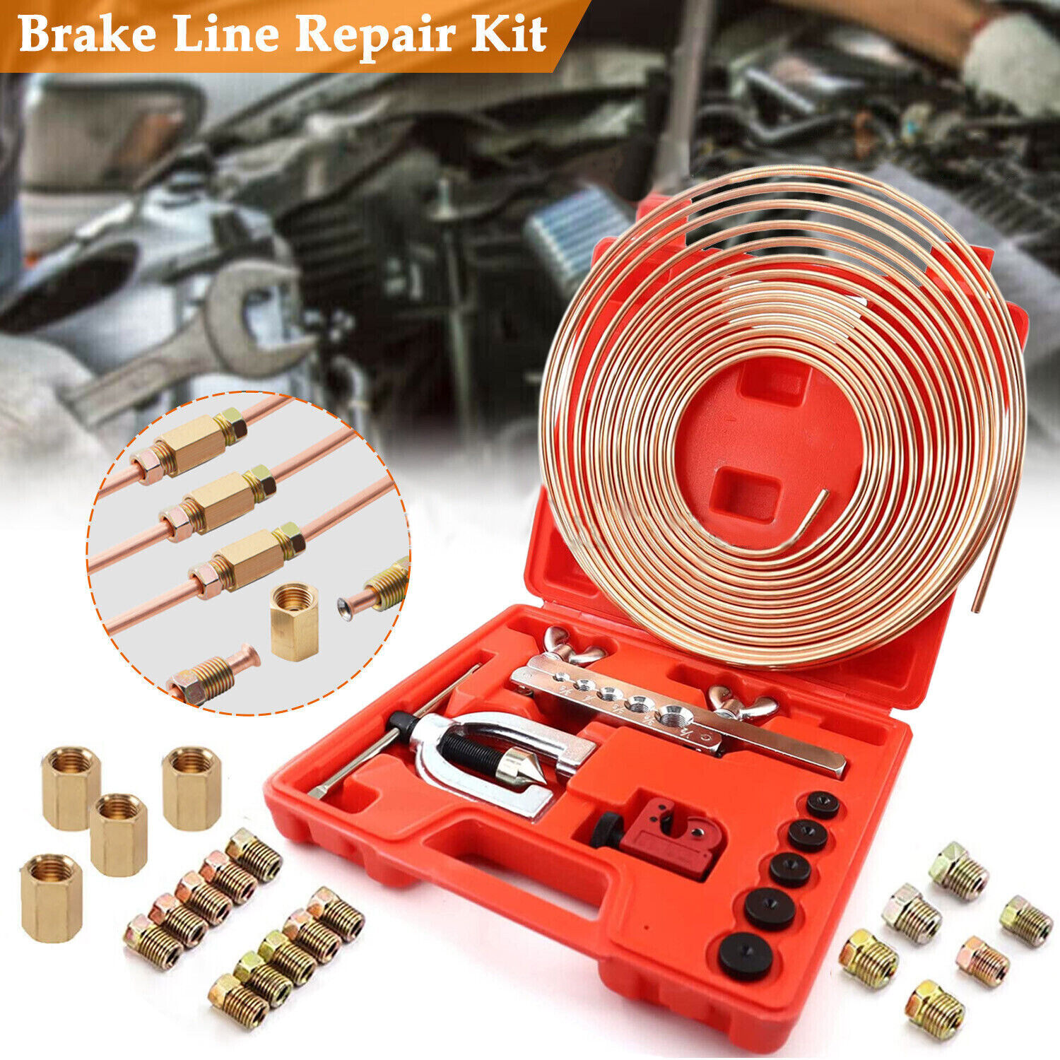 Brake Line Pipe Repair Kit 3/16 25FT Copper Pipe Flaring Tool + 20 Nuts Fittings