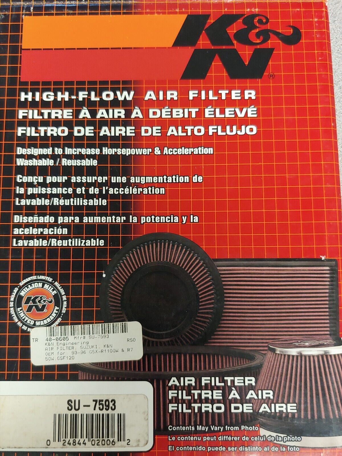 NEW K&N AIR FILTER SU-7593 - FITS 1992 - 2000 GSXR AND GSF MODELS