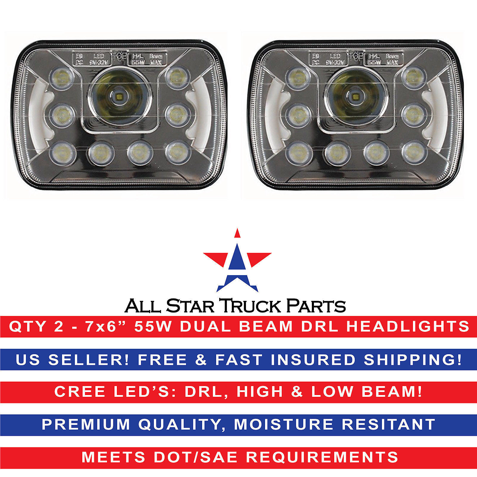 5x7 7x6 LED Headlights Replacement Van Truck Toyota XJ YJ 4Runner (pair) DRL 55W