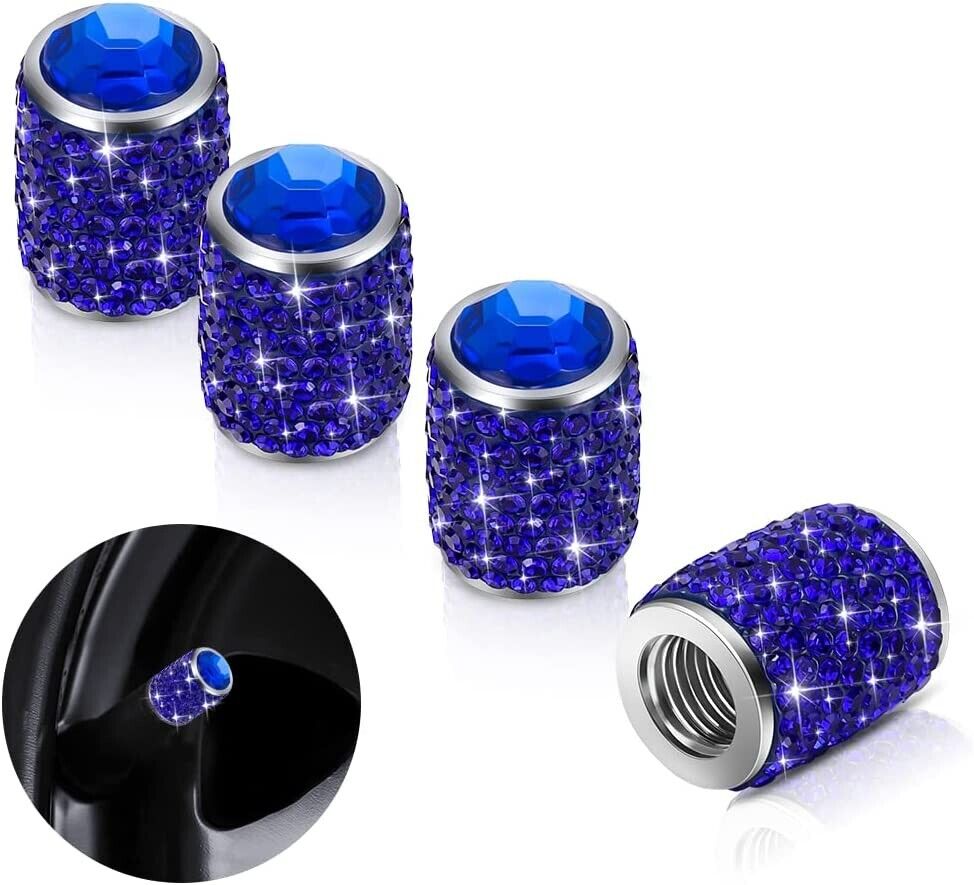 4pcs Blue Shinny Crystal Rhinestone Bling Tire Stem Valve Caps Fits Universal