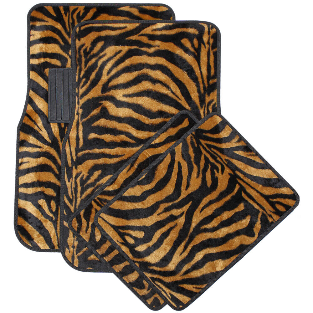 Car Floor Mats for Auto 4pc Carpet Orange Safari Zebra Tiger Print w/Heel Pad
