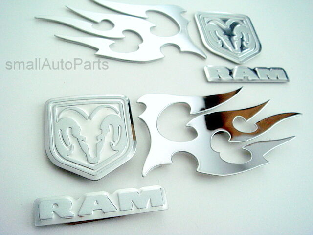 2 Dodge Stainless Steel Chrome Ram Emblems Flames Decals for hood/trunk fender