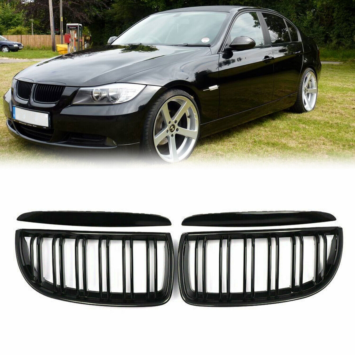 For BMW 3-Series E90 E91 05-08 M3 Style Front Kidney Grill Grilles Gloss Black