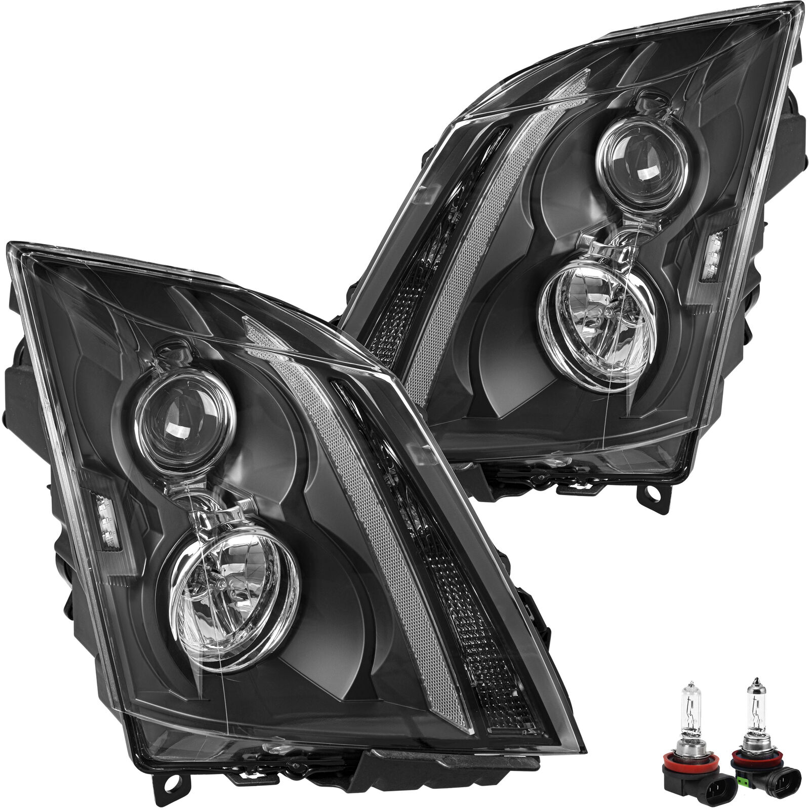 For 2008 2009 2010 2011 2012 2013 2014 Cadillac CTS Black Halogen Headlights Set
