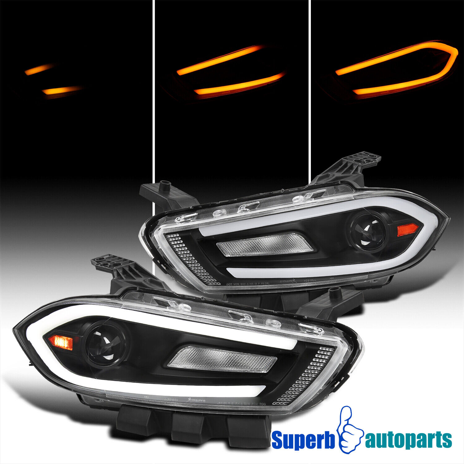 Fits 13-16 Dodge Dart Black Projector Headlights Switchback Sequential LED Tube