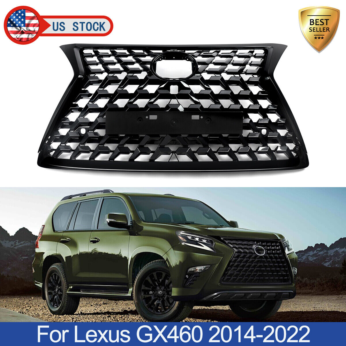 For Lexus GX460 2014-2022 Front Bumper Grille Grill Gloss Black W/ License Plate