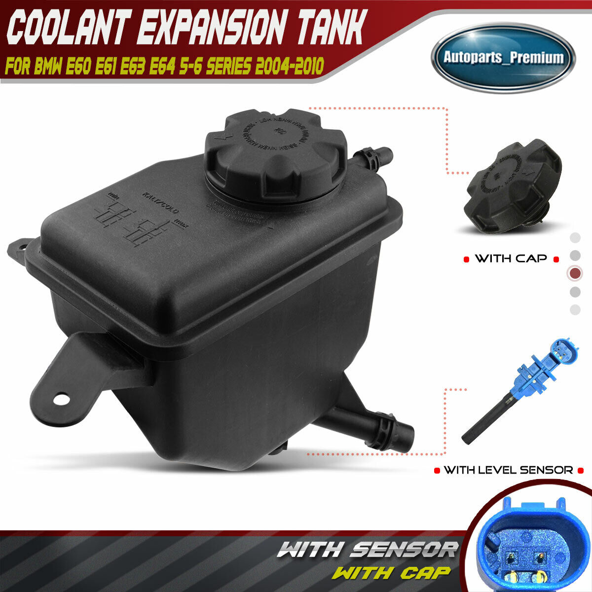 Coolant Reservoir Expansion Tank w/ Cap & Sensor for BMW E60 525i 528i 535 645Ci