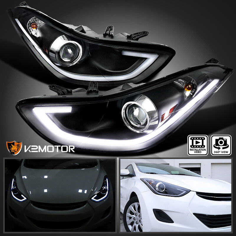 For 2011-2013 Elantra 4Dr Black LED Daytime Light Bar Projector Headlights