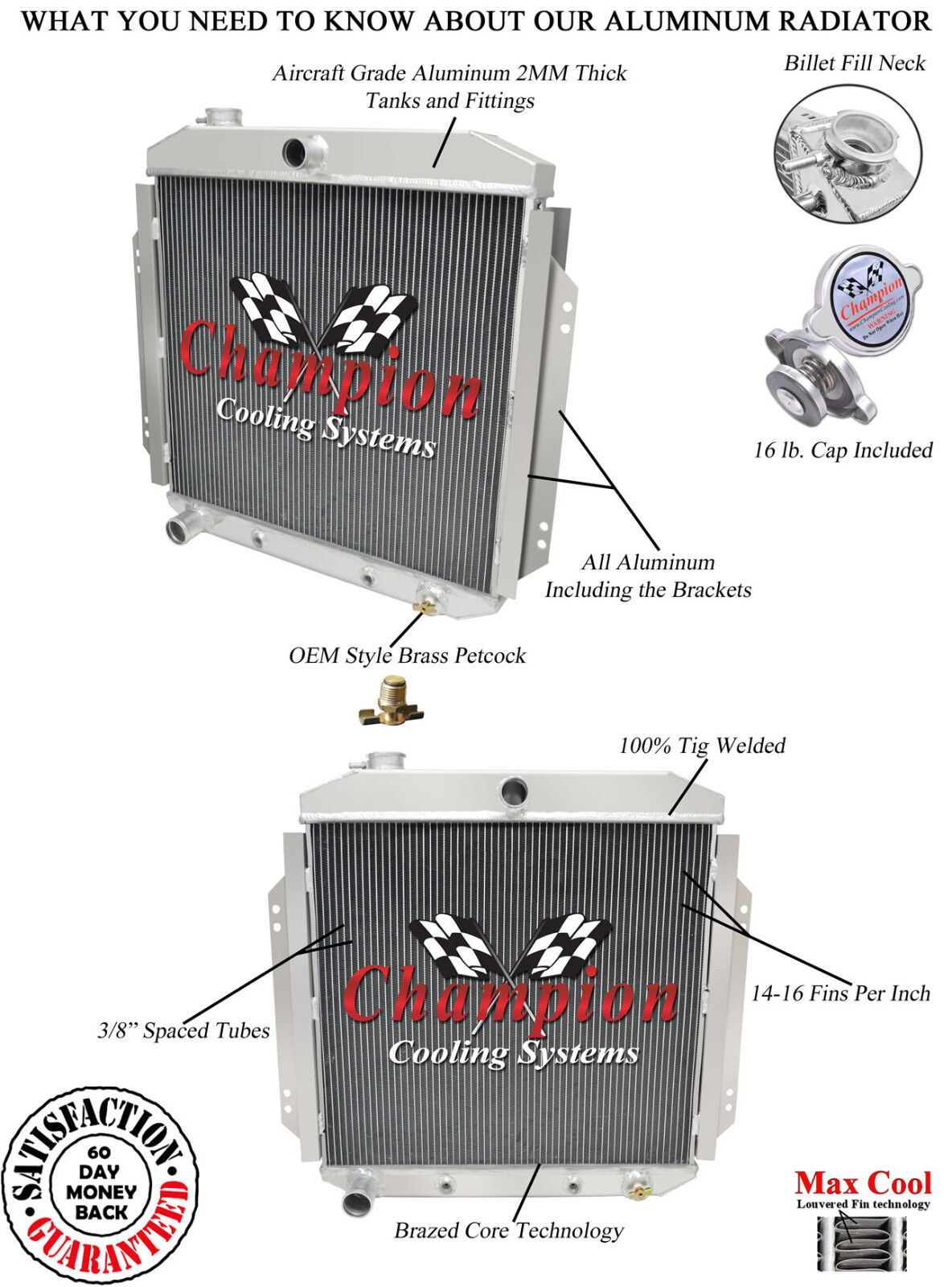 Champion 3 Row Aluminum DR Radiator For 1957-60 Ford Truck Ford V8 Config 