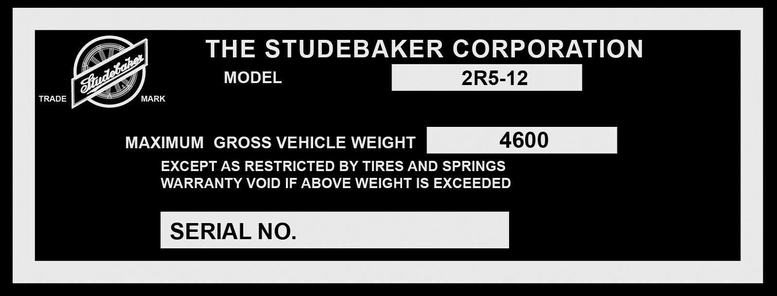 STUDEBAKER Pickup Truck SERIAL NUMBER DATA PLATE ID TAG correct 1949 plus