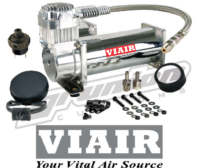 VIAIR Compressor Chrome 444C 12V 200PSI w/ Pressure Switch Low Ride Customs