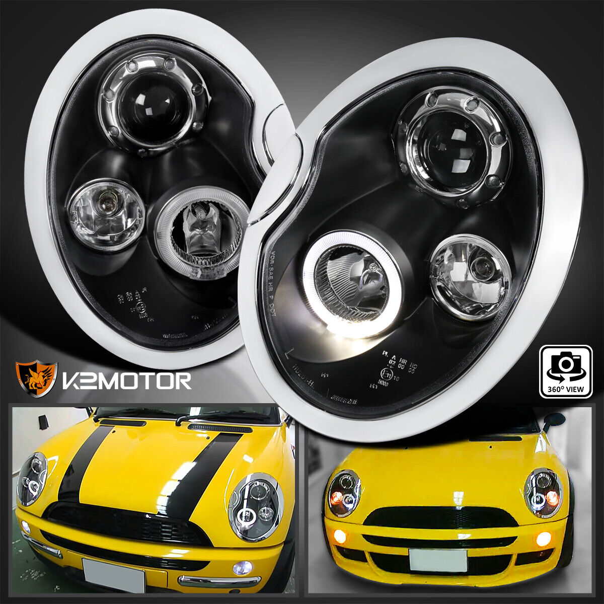 Black Fits 2002-2006 Mini Cooper S Replacement LED Halo Projector Headlights