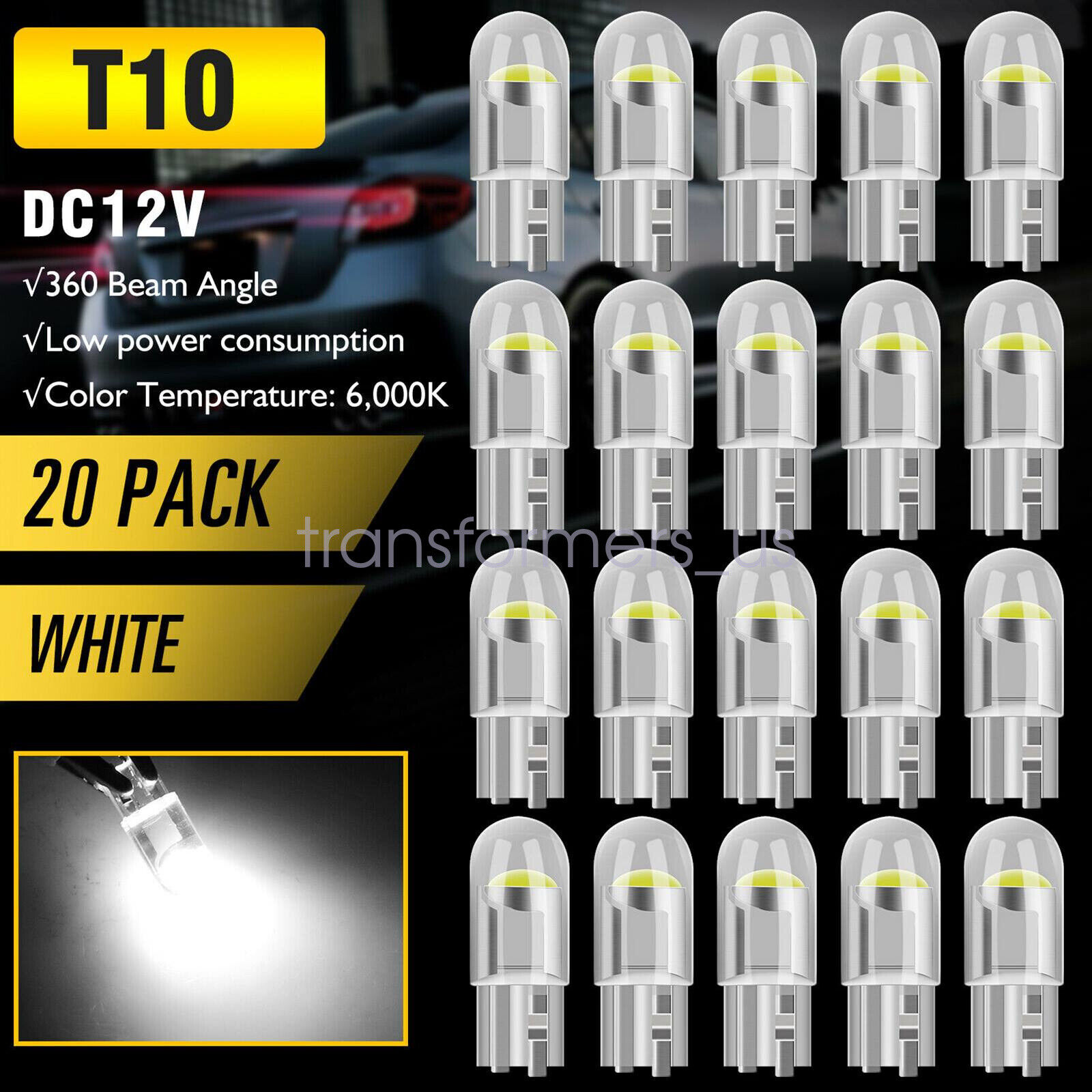 20X T10 194 168 W5W 2825 COB LED License Plate Interior Light Bulbs 6000K White