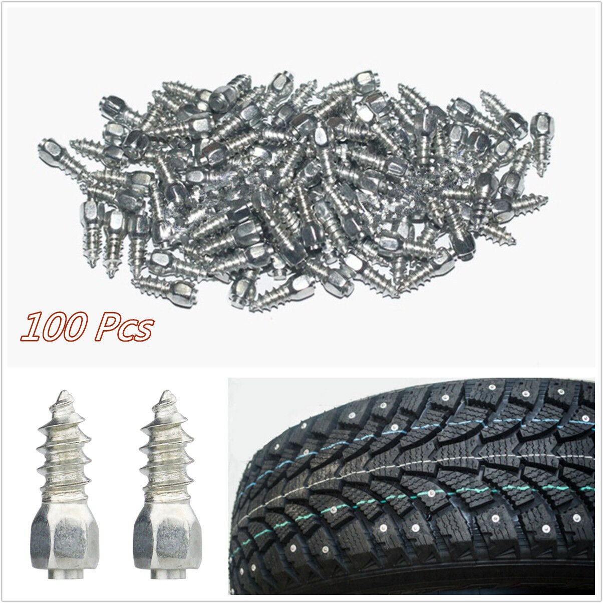 100 Pcs Steel Body + Carbide Tip 12mm Car Wheel Chains Stud Tire Snow Spike