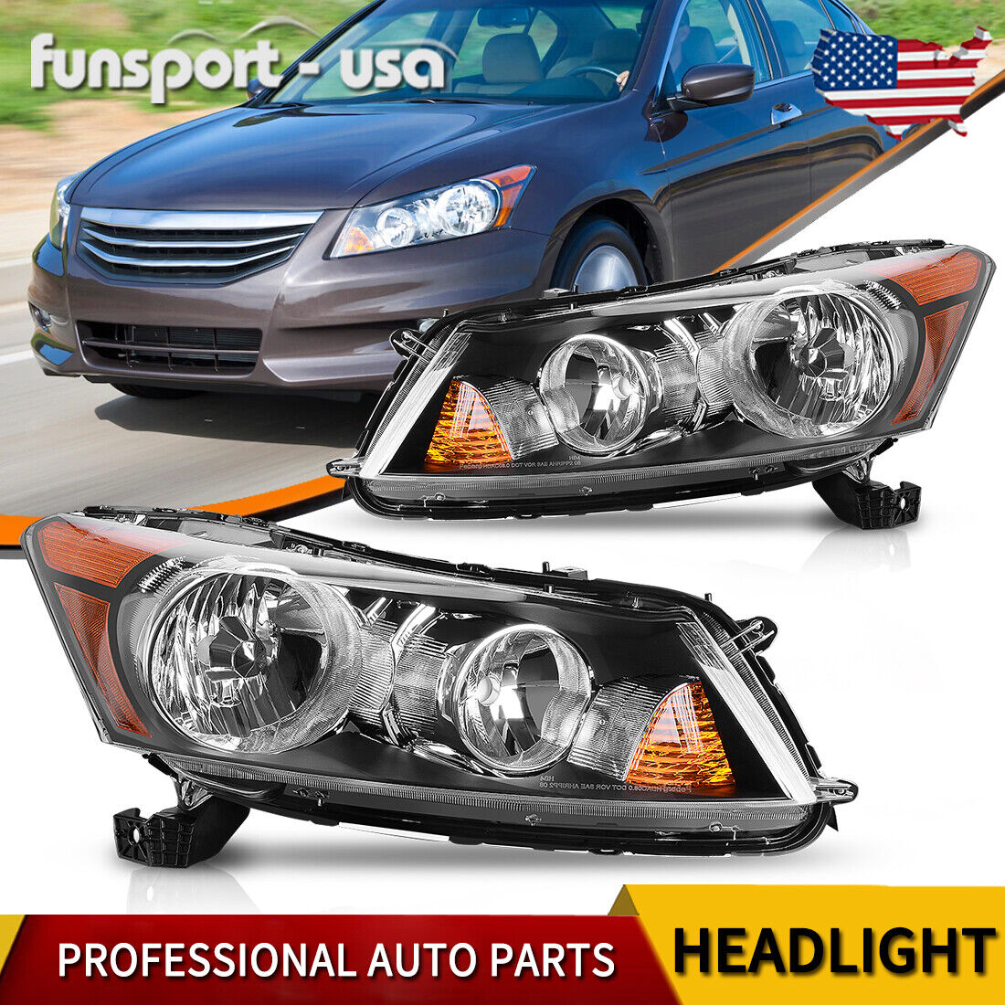 Black Headlights For 2008-2012 Honda Accord 4-Door Sedan Replacement Headlamps