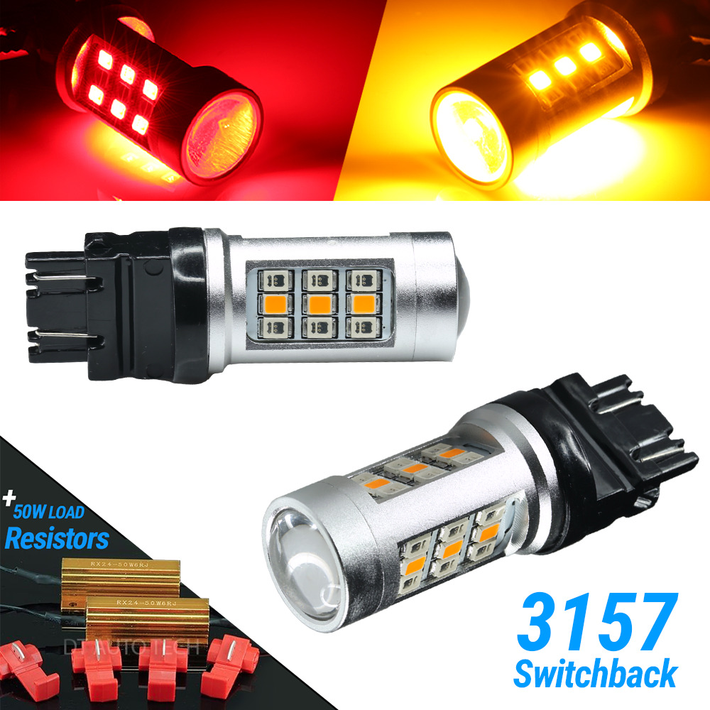 Red/Amber 3157 LED DRL Switchback Turn Signal Parking Light Bulbs+Load Resistors