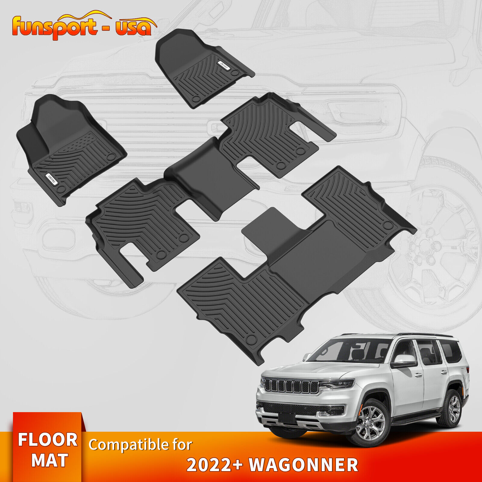 Floor Mats for  2022-2024 Jeep Wagoneer Floor Liners 8 Seaters TPE All Weather
