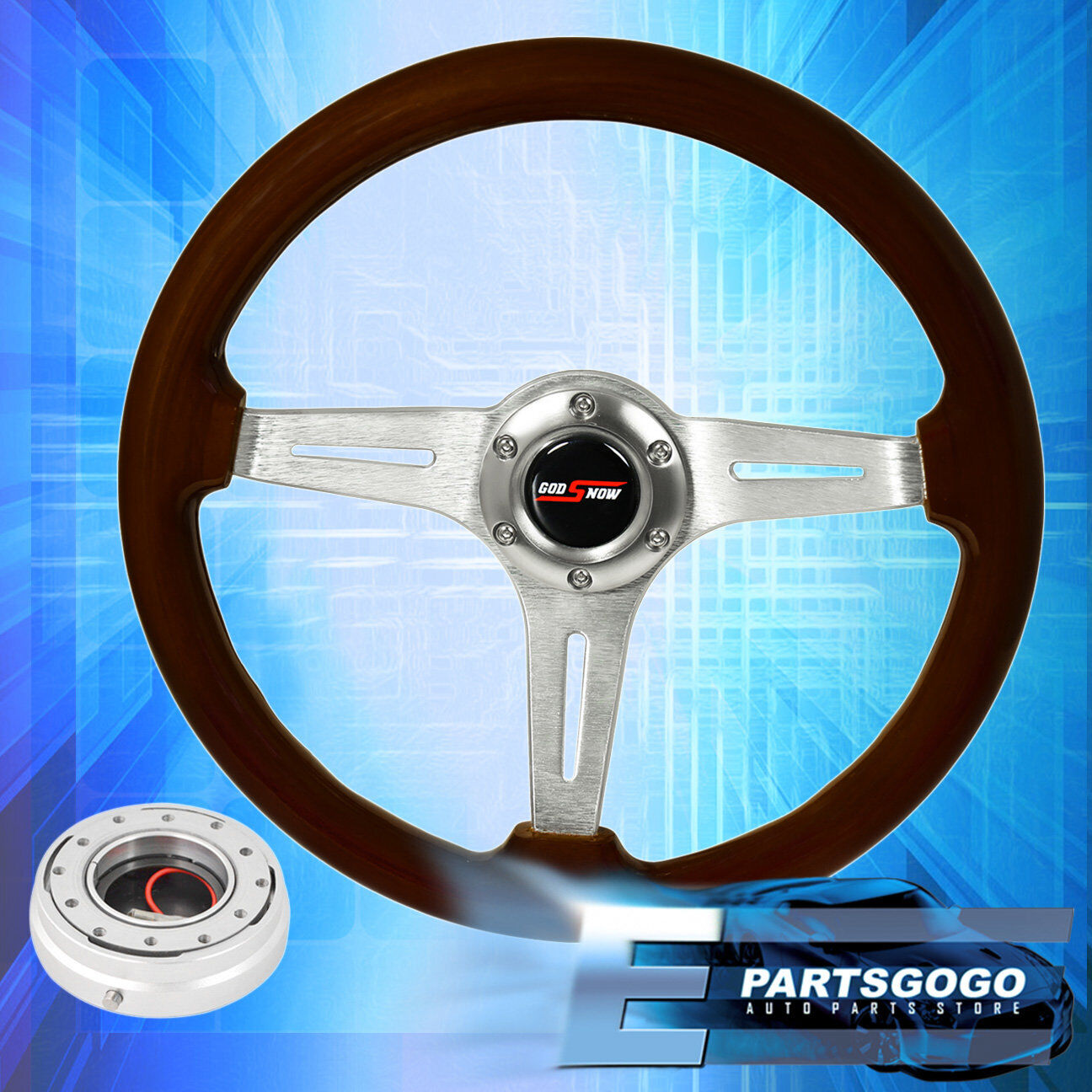 Dark Wood Chrome Aluminum Center Deep Dish Steering Wheel + Slim Quick Release