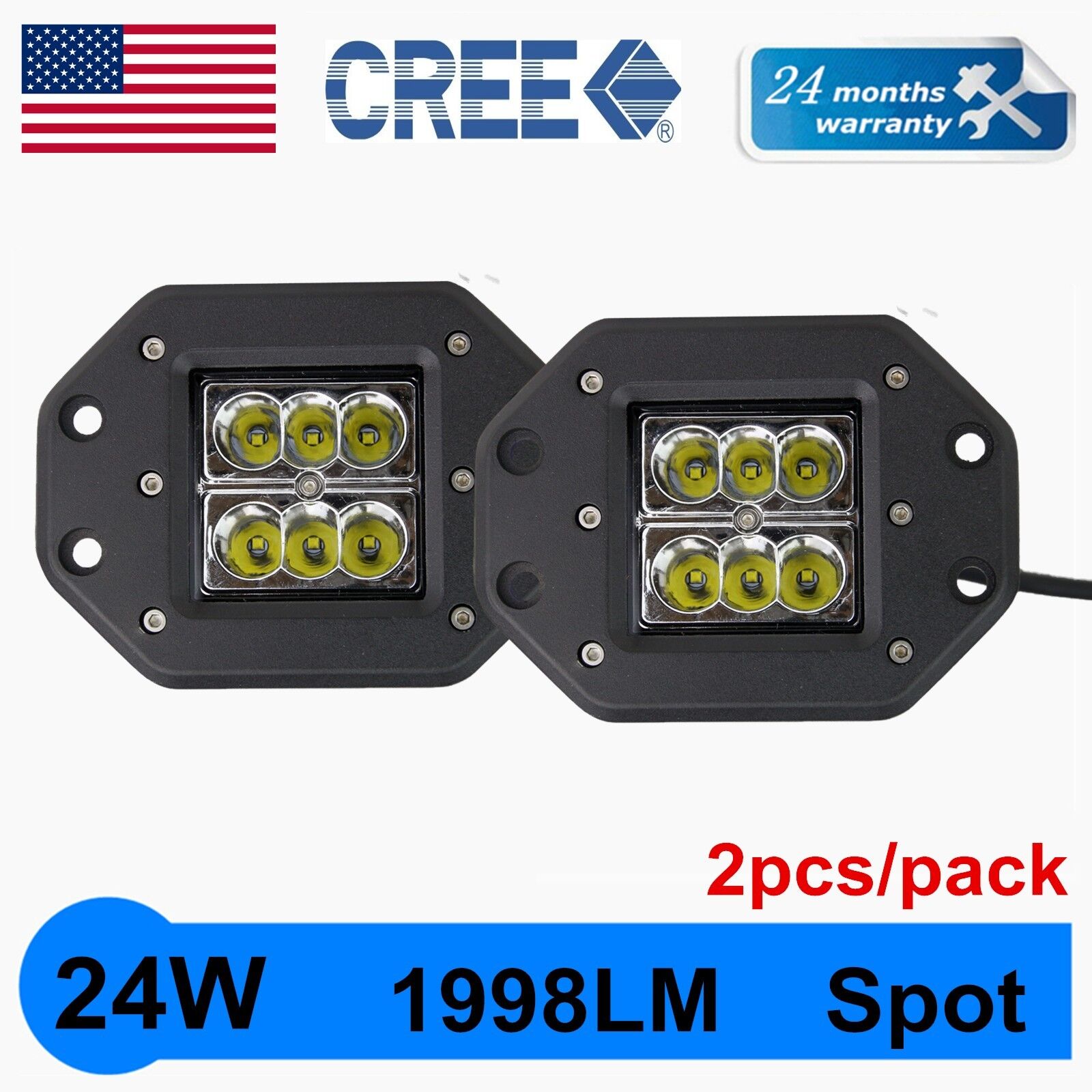 2X 4inch 24W Square CREE LED Cube Pods Work Light Flush Mount Offroad Truck QUIN