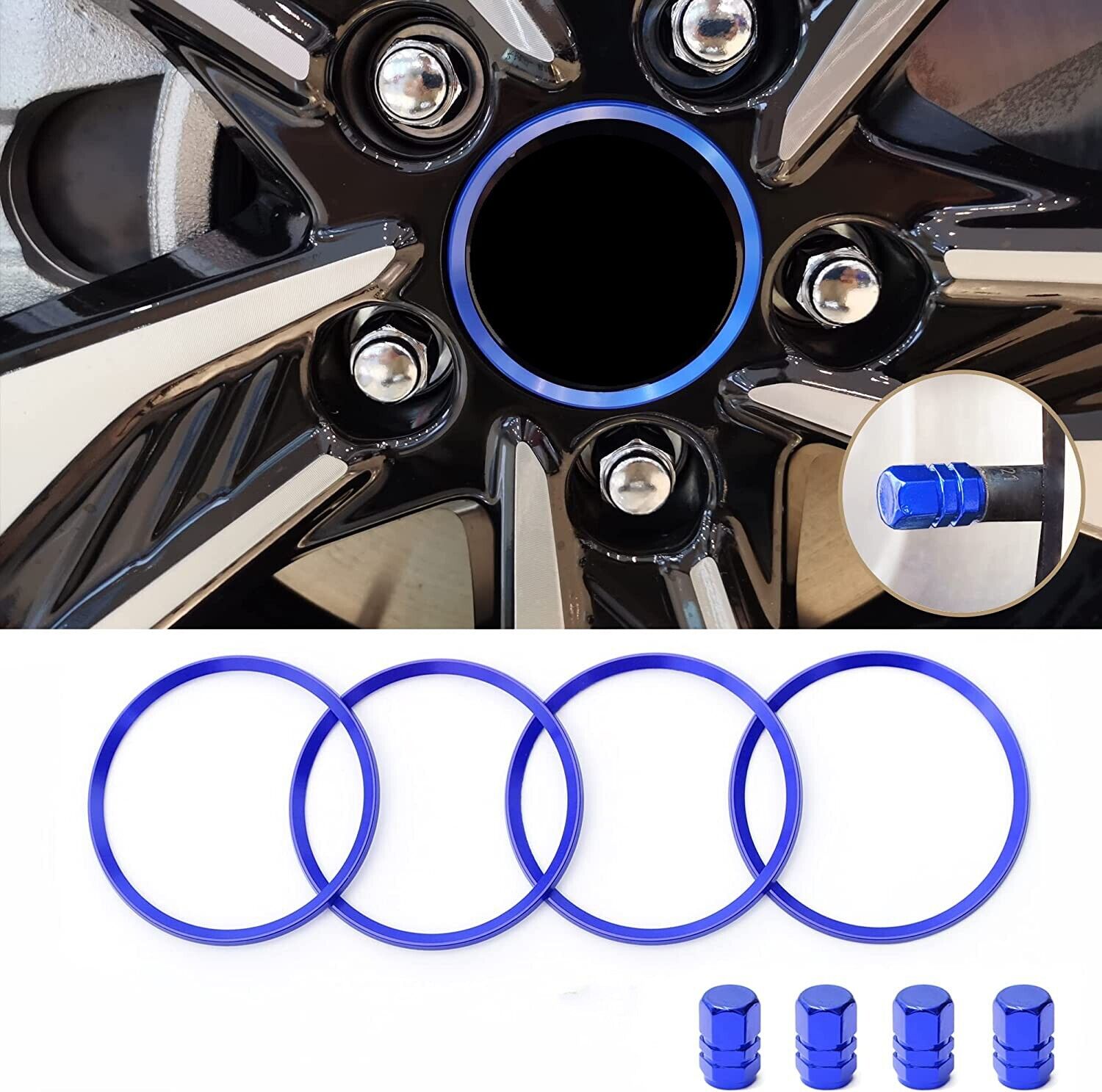 71mm Aluminum Blue Wheel Emblem Rings With Tire Cap Fits 16-22 Civic CRV Accord