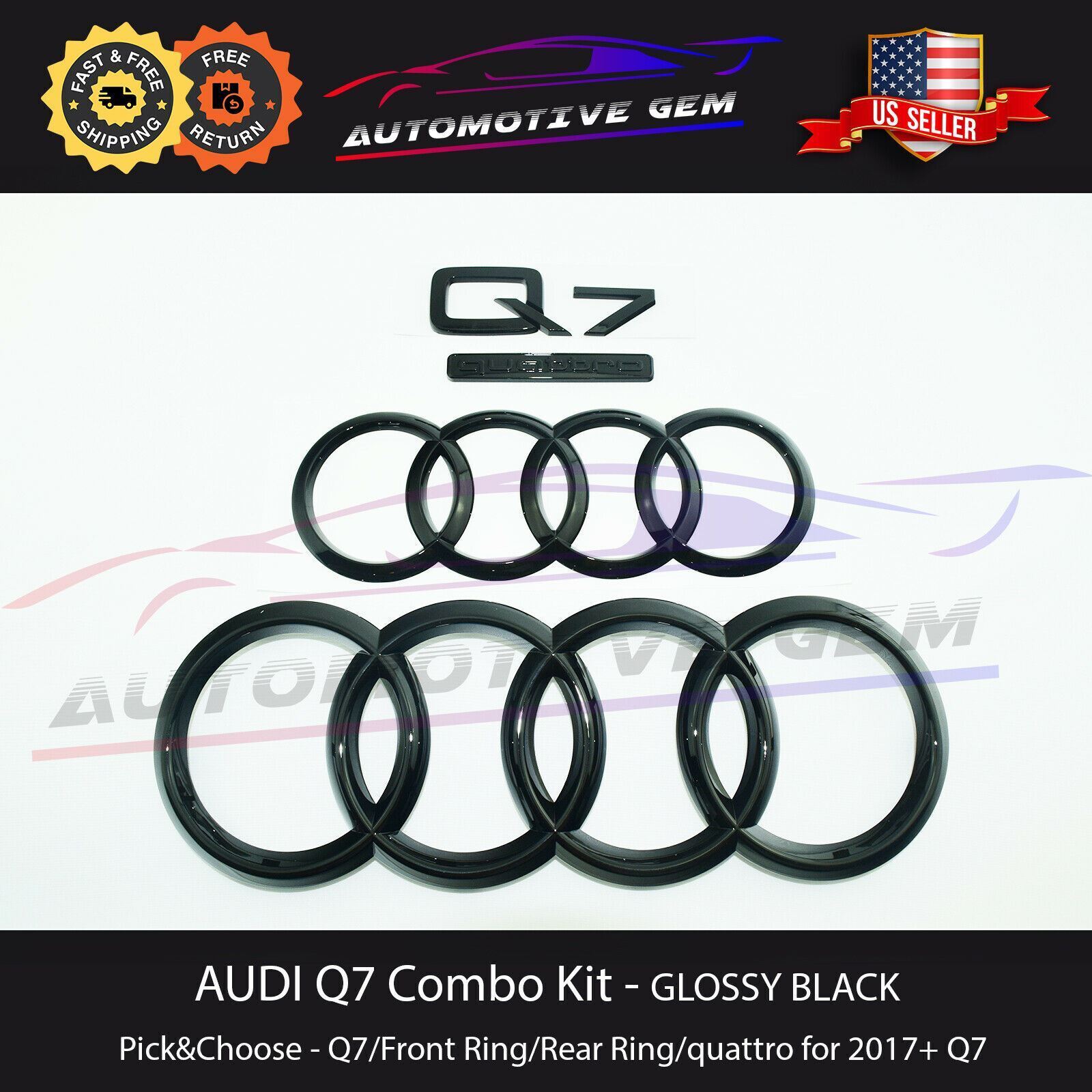 AUDI Q7 Emblem GLOSS BLACK Front Grille Trunk Rear Ring Quattro S Line Kit 2017+