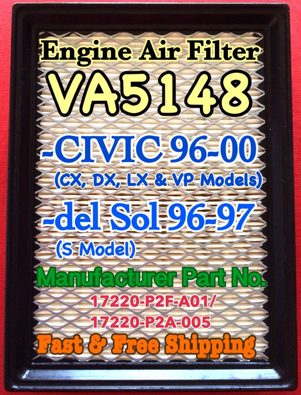 Engine Air Filter For Civic(96-00) del Sol(96-97)  VA5148 Fast & 