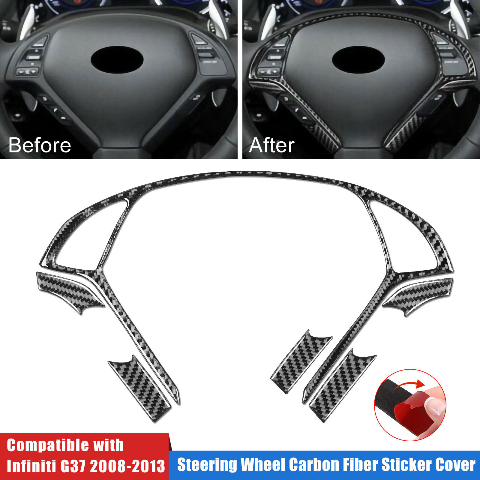 6Pcs Carbon Fiber Steering Wheel Cover Frame Trim For Infiniti G37 G35 08-13 Q60