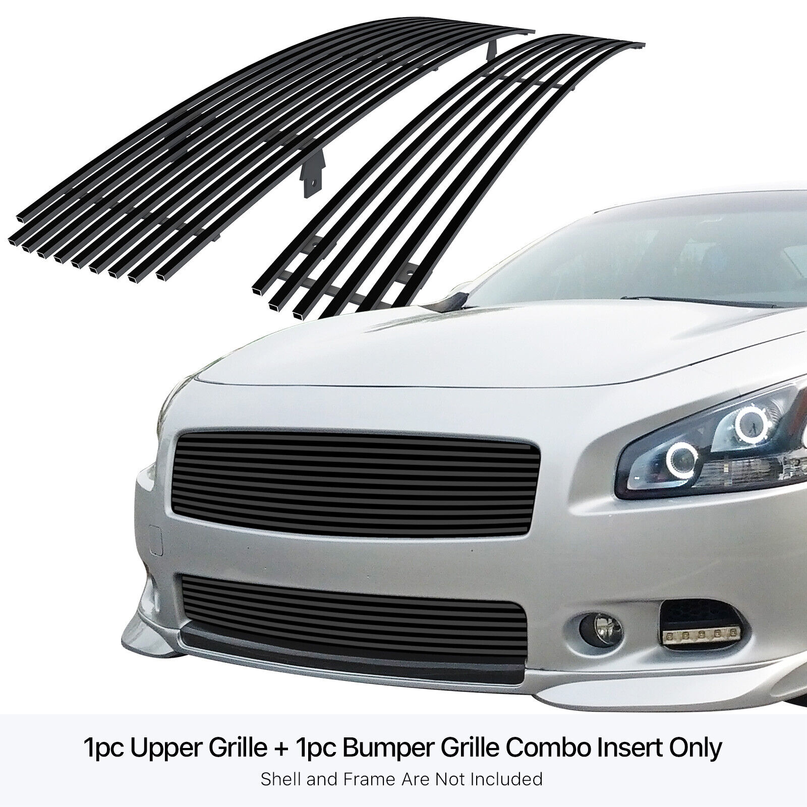 Fits 2009-2014 Nissan Maxima 304 Stainless Steel Black Billet Grille Combo