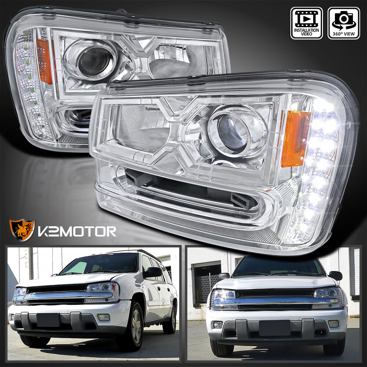 Fits 2002-2009 Chevy Trailblazer LED Strip Projector Headlights Lamps L+R 02-09