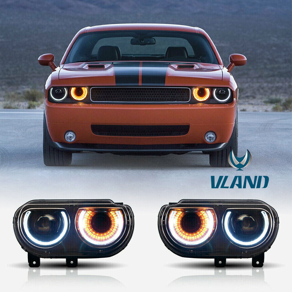 LED Headlights For 2008-2014 Dodge Challenger W/ Sequentail Projector Dual Beam