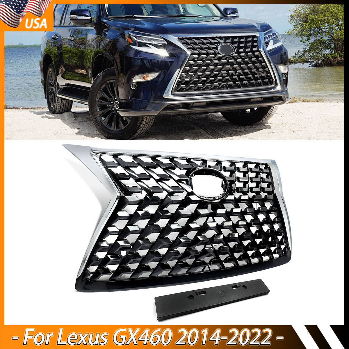 NEW Upgrade Luxury Chrome Grille For 2014-2022 Lexus GX460 Front Upper Grill USA